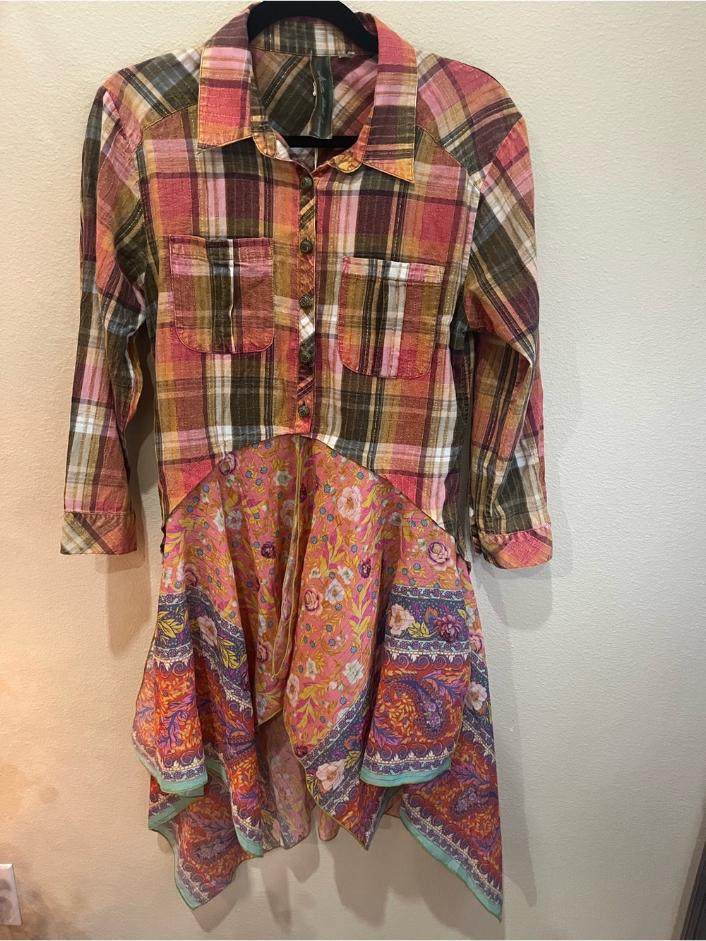 Aratta Mixed Plaid & Paisley Button-Front Tunic in Pink, Olive, Orange